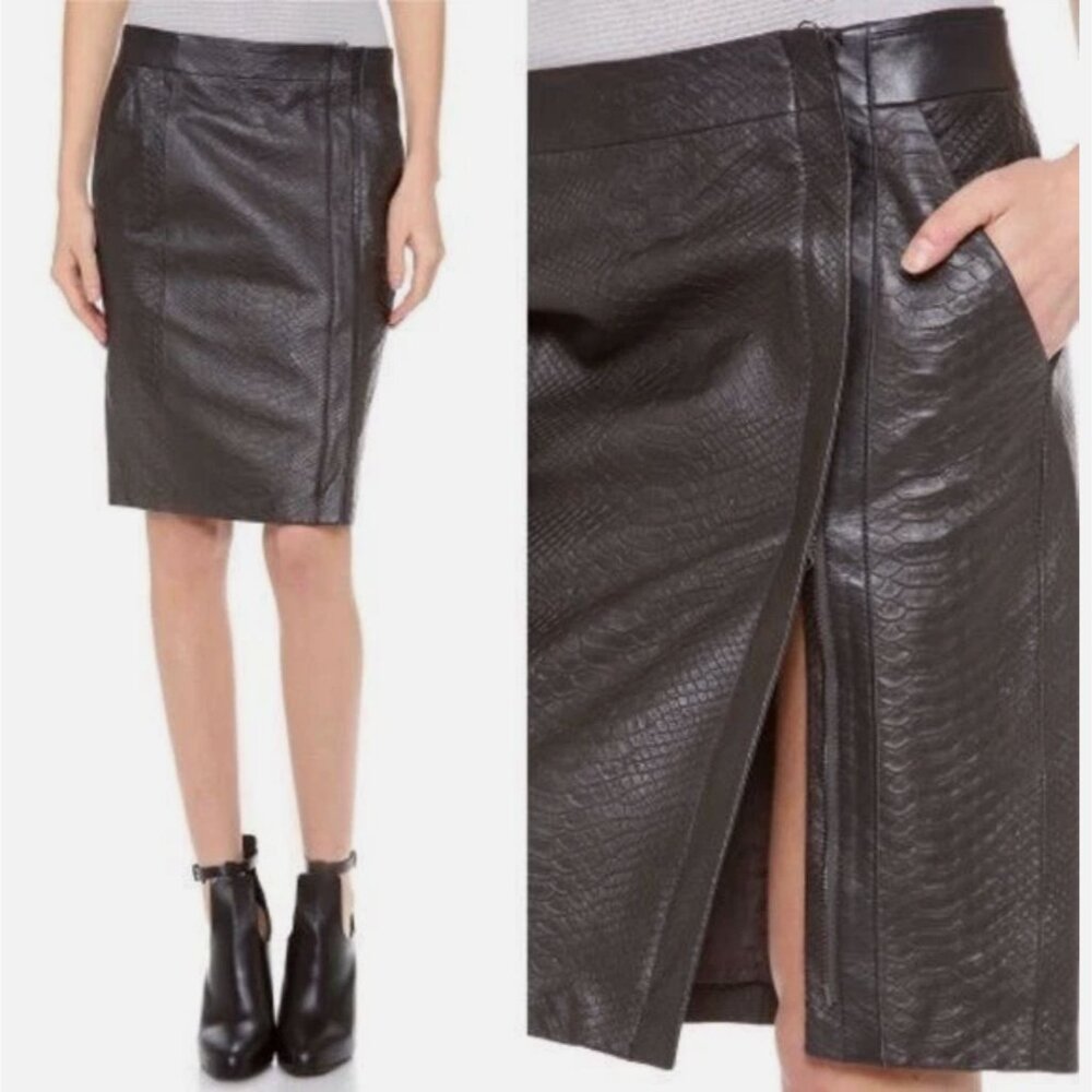 Vince Genuine Leather Snake Embossed Pencil Skirt Graphite Gray Black Zip 4